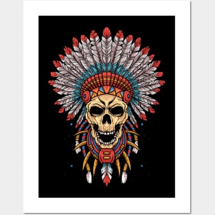 Native American Skull Art Chief Indian Headdress Motorcycle Posters and Art